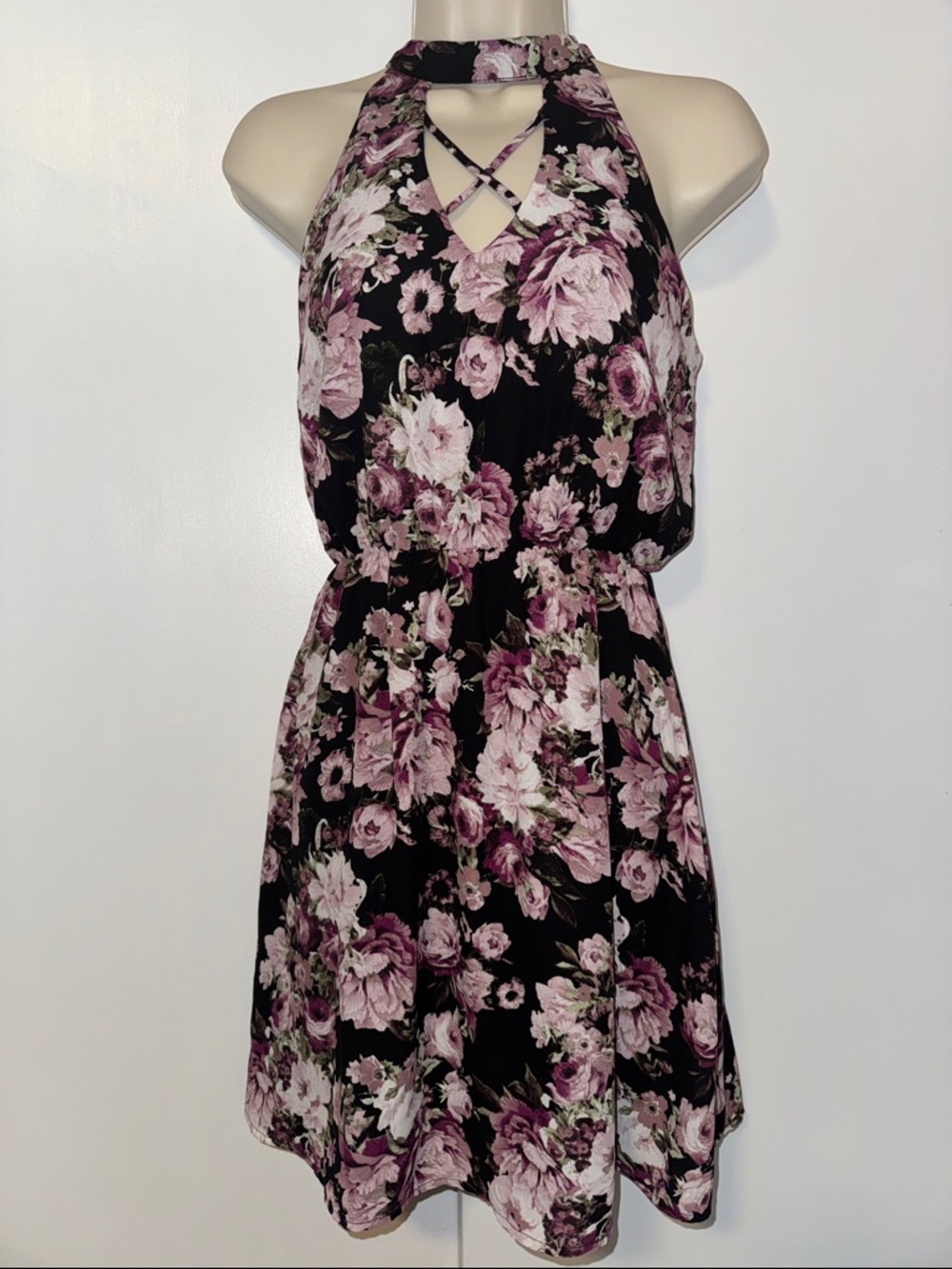 Blue Rain Sleeveless Floral Halter Dress Black Purple Women’s Small